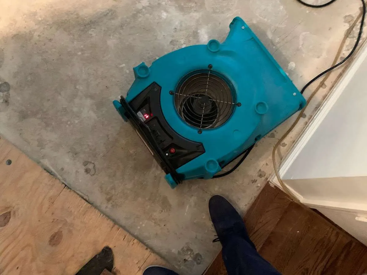 Air mover drying subfloor during Leak Detection & Repair in Chesterfield